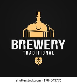 Beer logo with brewery tank and beer bottle on black background