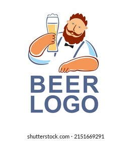 Beer logo. Cute bearded man with a glass of beer in his hand