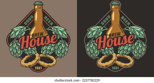 Beer logo or emblem with bottle, hops and onion rings for bar or pub. Print or label for drink beer shop or brewery.