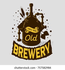 Beer Logo Emblem Print Design Brewery Equipment Boiling Installation. Artistic Cartoon Tatoo Style. Vector Graphic.