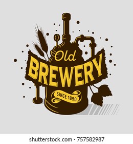 Beer Logo Emblem Print Design Brewery Equipment Boiling Installation. Artistic Cartoon Tatoo Style. Vector Graphic.