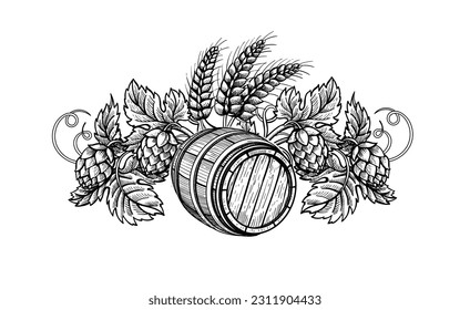 Grabado del logo de la cerveza. Barrel, conos de lúpulo con hojas y tinta de trigo ilustración dibujada a mano para afiche, menú, paquete de cerveza artesanal. Etiqueta del alcohol ventilado,