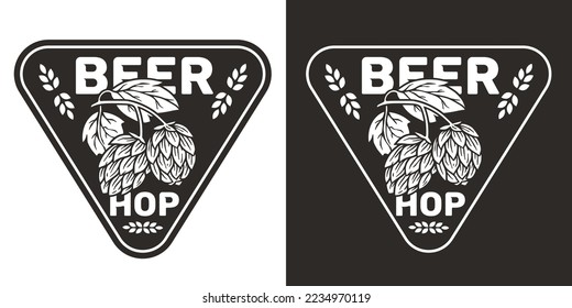 Beer logo with hop cone and leaf for craft beer label or print. Brew monochrome emblem for bar, pub or brewery shop.