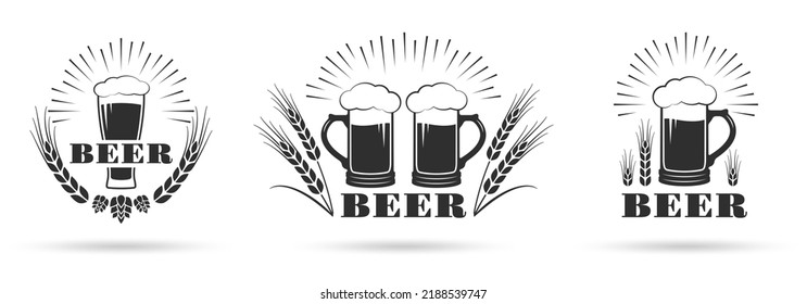 Beer logo, icon, label set. Brewery, pub or bar emblem design template with beer mug or glass. Vintage alcohol drink badge. Vector illustration.