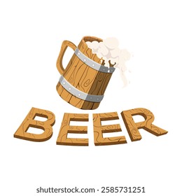 Beer logo icon vector template design illustration. A glass of beer spilled in a wooden glass, with the word beer written on it in a wooden texture