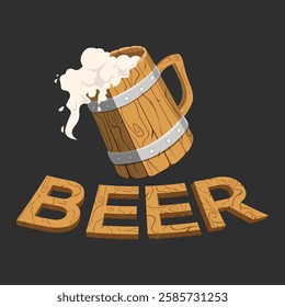 Beer logo icon vector template design illustration. A glass of beer spilled in a wooden glass, with the word beer written on it in a wooden texture