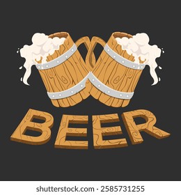 Beer logo icon vector template design illustration. A glass of beer spilled in a wooden glass, with the word beer written on it in a wooden texture