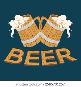 Beer logo icon vector template design illustration. A glass of beer spilled in a wooden glass, with the word beer written on it in a wooden texture