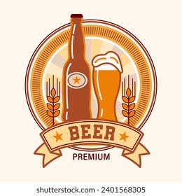 Beer logo with icons of bottle, beer glass, barley spikes, ribbon. Good for branding, decoration of food package, cover design, decorative prints. Simple flat style