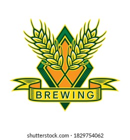 Beer logo made up of an illustration of two crossed barley spikes, framed in a rhombus shape and with a banner with a text that says: brewing.