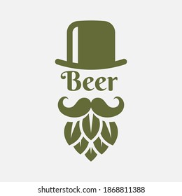 Beer logo with man beard - beer hop and hat on white background