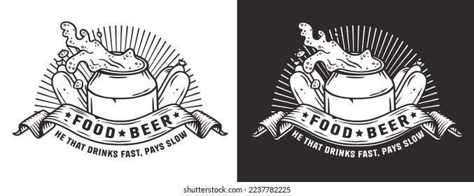 Beer logo with metal can with splashes foam and hotdogs for label menu. Brew emblem or craft print with aluminium tin and hot dog for bistro, fast food.