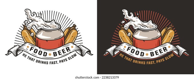 Beer logo with metal can with splashes foam and hotdogs for label menu. Brew emblem or craft print with aluminium tin and hot dog for bistro, fast food.