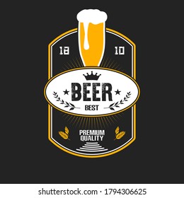 Beer logo. Pattern for design emblem, icon, label, banner. Print on t-shirt graphics. Design template on isolated background. Vintage style. Vector illustration