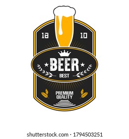 Beer logo. Pattern for design emblem, icon, label, banner. Print on t-shirt graphics. Design template on isolated background. Vintage style. Vector illustration