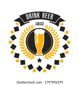 Beer logo. Pattern for design emblem, icon, label, banner. Print on t-shirt graphics. Design template on isolated background. Vintage style. Vector illustration