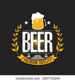 Beer logo. Pattern for design emblem, icon, label, banner. Print on t-shirt graphics. Design template on isolated background. Vintage style. Vector illustration