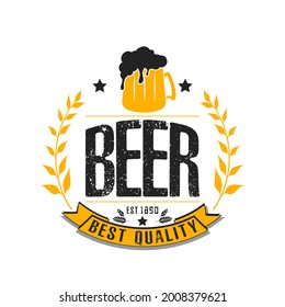 Beer logo. Pattern for design emblem, icon, label, banner. Print on t-shirt graphics. Design template on isolated background. Vintage style. Vector illustration