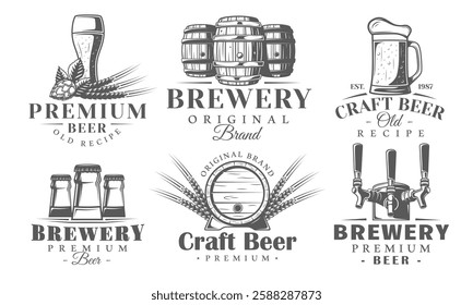 Beer logo set isolated on white background. Brewery emblem design. Beer elements from labels: tap, wheat, bottle, glass, mug, barrel. Vector illustration