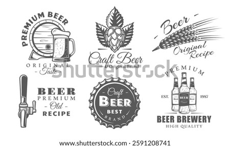 Beer logo set isolated on white background. Brewery emblem design. Beer elements from labels: tap, wheat, bottle, mug, barrel. Vector illustration