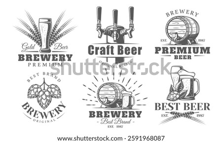 Beer logo set isolated on white background. Brewery emblem design. Beer elements from labels: tap, wheat, glass, mug, barrel. Vector illustration