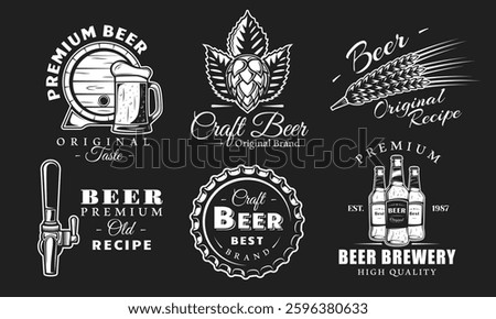 Beer logo set isolated on black background. Brewery emblem design. Beer elements from labels: tap, wheat, bottle, mug, barrel. Vector illustration