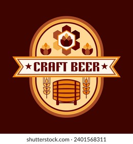 Beer logo in simple geometric style with barrel, barley spikes, hop cone. Icons, geometric shapes. Good for branding, decoration of food package, cover design, decorative prints