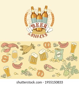 Beer logo with snacks. Realistic beer bottles on dark background. Crayfish, shrimp, chips, pistachios and fish drawing in one line.