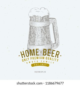 Beer logo template. Vector hand drawn beer mug illustration. Vintage style design. Can be use for brewery company, beer house, pub, cafe, beer restaurant.