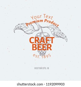 Beer logo template. Vector hand drawn hop branch illustration. Retro style design. Can be use for brewery company, beer house, pub, cafe, beer restaurant.