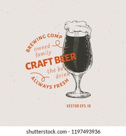 Beer logo template. Vector hand drawn beer glass illustration. Retro style design. Can be use for brewery company, beer house, pub, cafe, beer restaurant.