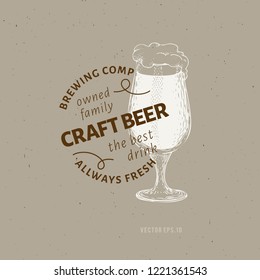 Beer logo template. Vector hand drawn beer glass illustration. Retro style design. Can be use for brewery company, beer house, pub, cafe, beer restaurant.