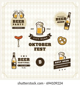 Beer logo vintage isolated label set vector illustration. Brewing company symbols. Pub of craft beer logo premium quality. Oktoberfest beer logo.