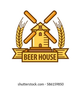 Logo de la cerveza de molino de viento y orejas de trigo. Plantilla de vectores para el bar de cervecería o la etiqueta de producto de bebidas alcohólicas o de pub de cervecería