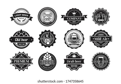 Beer logos set. Monochrome brewery badges and emblems design. Flat vector illustration in vintage style for old bars and pubs concepts