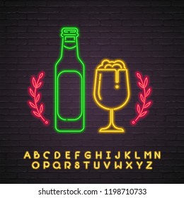 Beer Logotype Bottle Icon Neon Light glowing Vector Illustration with Dark Background