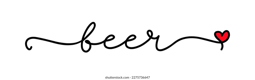 Beer love. Vector logo word. Design for poster, flyer, banner, menu cafe. Hand drawn calligraphy icon. Typography beer logo with heart symbol. Handdrawn modern cursive font text - beer.