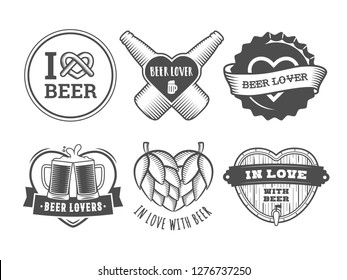 Beer lover badges. Valentines day craft beer logos. Vector vintage stickers with hearts, bottles, mugs for bar or pub.