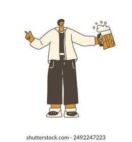 Beer lover. Doodle male character with alcohol drinks. Man holding mug with beverage. Vector hand drawn doodle illustration isolated on white background.