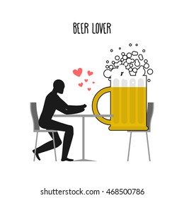 Beer lover. Lovers in cafe. Man and coffee beans sitting at table. Drink at restaurant. Romantic date in public place. illustration alcohol
