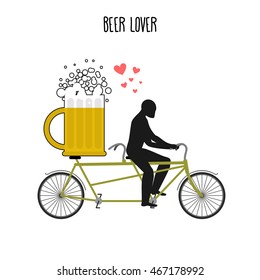 Beer lover and mug on bicycle. Romantic alcohol illustration.