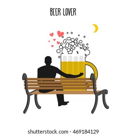 Beer lover mug and watch people on moon. Romantic illustration alcohol
