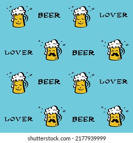 Beer Lover Seamless Pattern, Vector Seamless Pattern. Don't Worry Be Hoppy Brewing Beer Illustration. Hand drawing style funny, cute Beer hop icon cartoon. Happy brewer, beer day, Oktoberfest backdrop