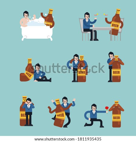 Beer lover set. Guy and bottle of beer. Romantic relationship with alcohol. Love of alcohol.
