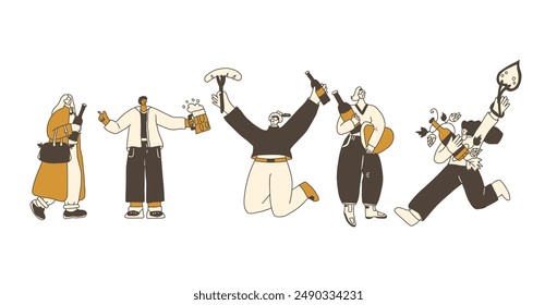 Beer lovers people kit. Doodle characters with alcohol drinks. Vector hand drawn collection illustration isolated on white background.