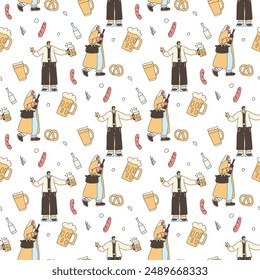 Beer lovers seamless pattern. Doodle characters with alcohol drinks endless background. Oktoberfest continuous cover. Vector hand drawn doodle illustration.