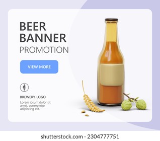 Beer made from fresh products, natural barley and hops. Realistic 3D bottle with ale. Drink banner promotion for beverage company. Vector illustration in warm colors