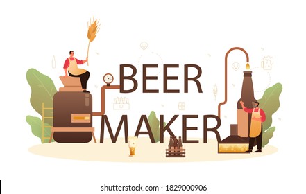 Beer maker typographic header. Craft beer production, brewing process. draught beer tank, vintage mug and bottle full of alcohol drink. Isolated vector illustration