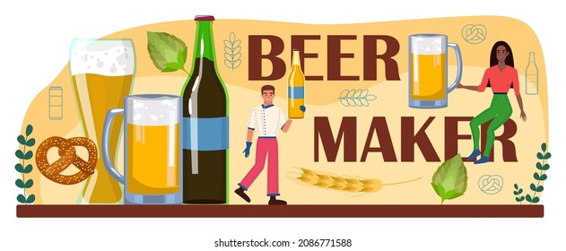 Beer maker typographic header. Craft beer production, modern brewing process. Brewery technology for barleys and hops processing into an alcoholic drink. Flat vector illustration