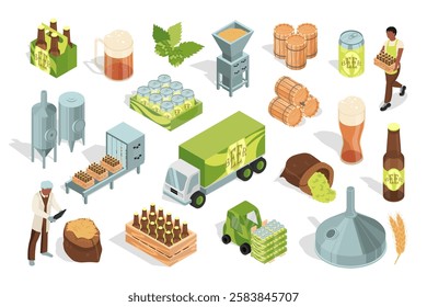 Beer making 3d isometric mega set in flat design. Collection isometry elements of bottles, mug, wooden barrels, hop, cup, wheat, brewery machinery, manufacturing process, other. Vector illustration.